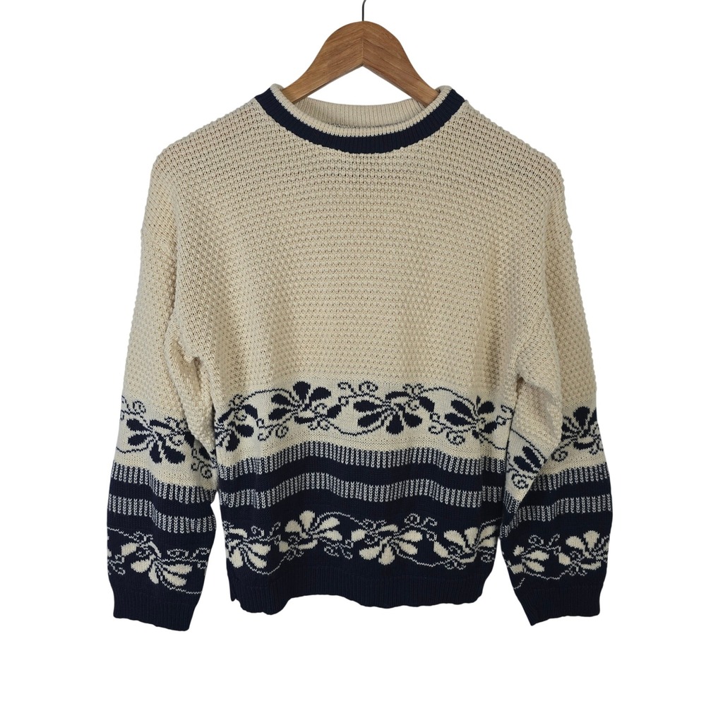 Picket‎ and Post Vintage Womens Petite Floral Knit Sweater Cream Navy Blue USA